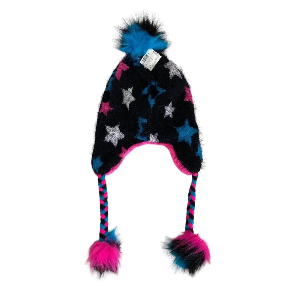 Justice Girl’s Letter K One Size Pom Pom Hat Sherpa Lined Stars Black Blue‎ Pink